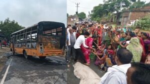 आज़मगढ़ में स्कूल बस की चपेट में आने से 11 वर्षीय बालक की मौत, आक्रोशित ग्रामीणों ने बस में लगाई आग